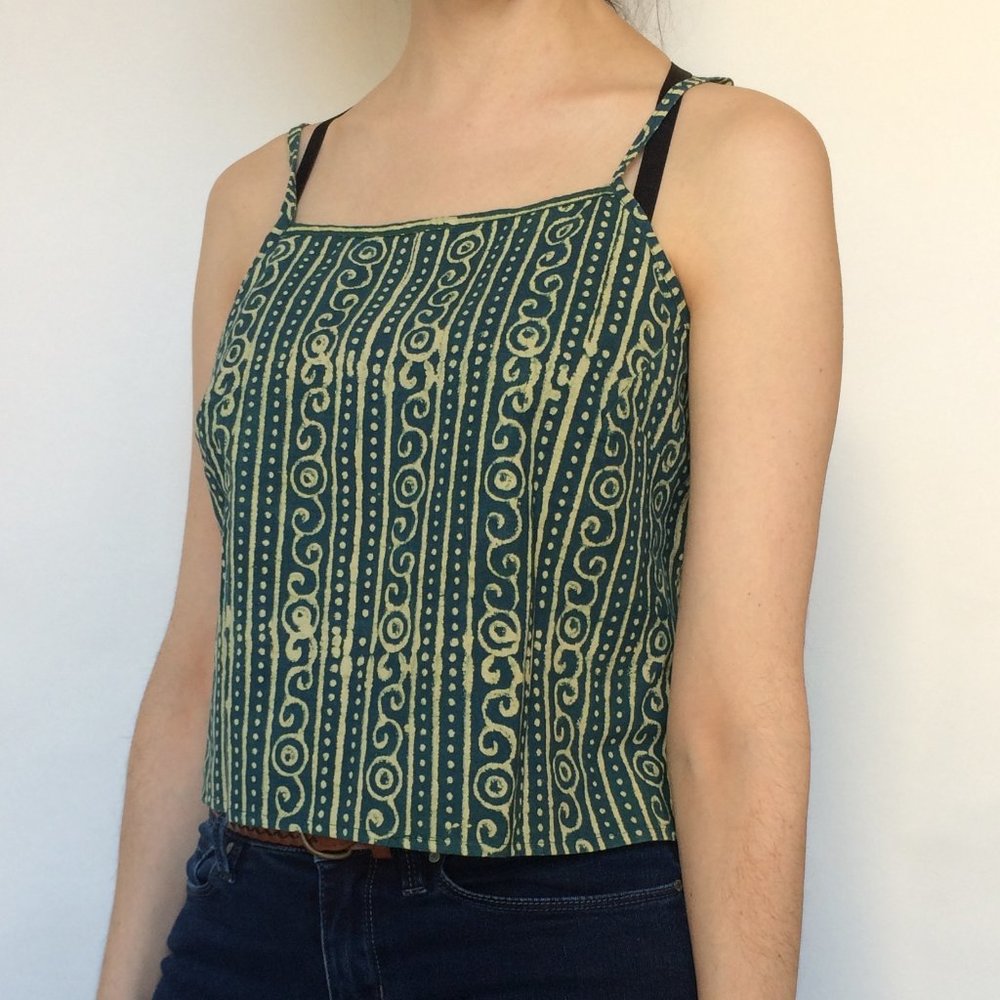 Boxy Fit Cropped Batik Tank Top Green/Yellow Sz M - Picture 2 of 10